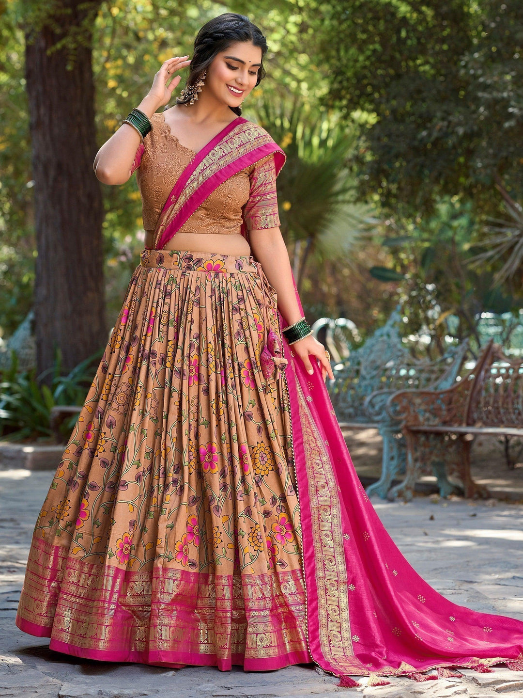 Earthy Tones Lehenga Set | Tussar Silk Wedding Choli & Tassel Dupatta