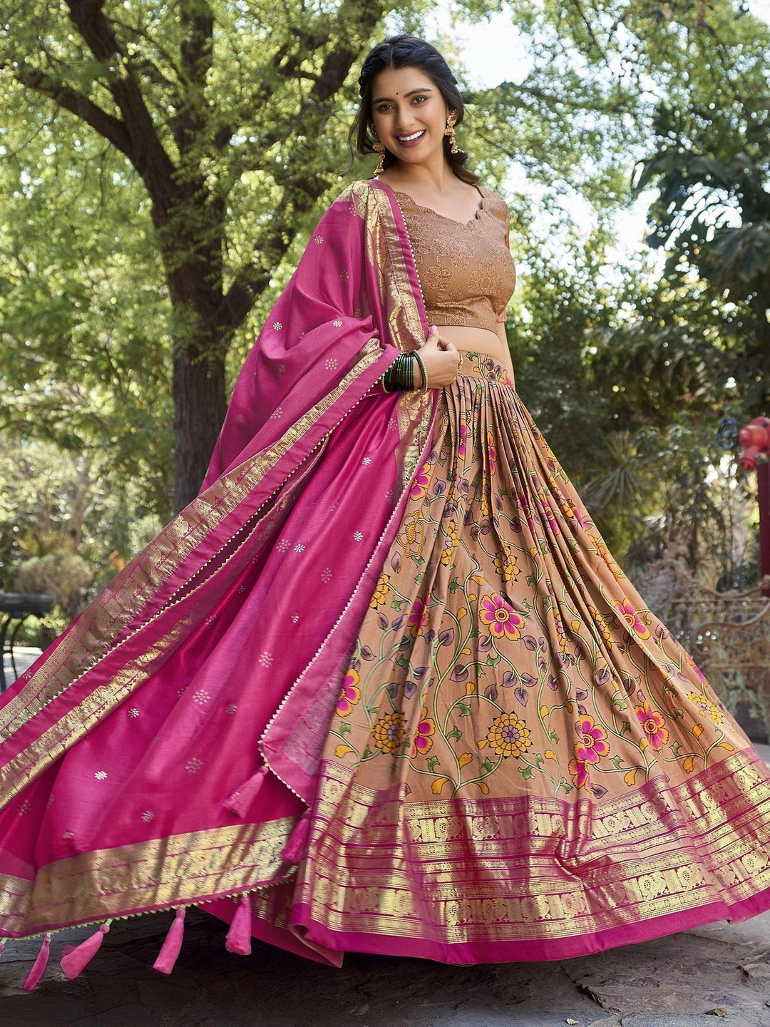 Earthy Tones Lehenga Set | Tussar Silk Wedding Choli & Tassel Dupatta