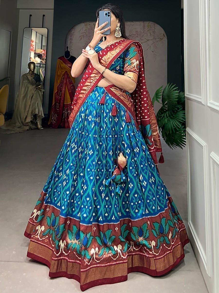 Firozi Blue Silk Lehenga Set | Foil Print & Red Tussar Silk Dupatta