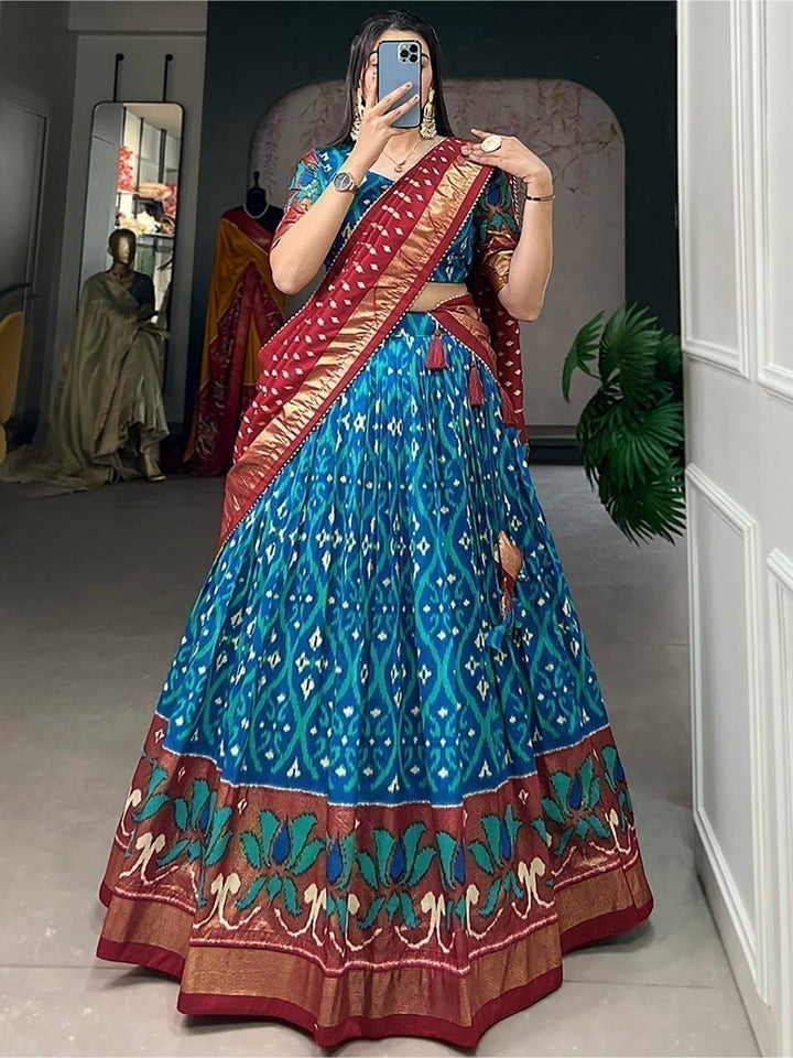 Firozi Blue Silk Lehenga Set | Foil Print & Red Tussar Silk Dupatta