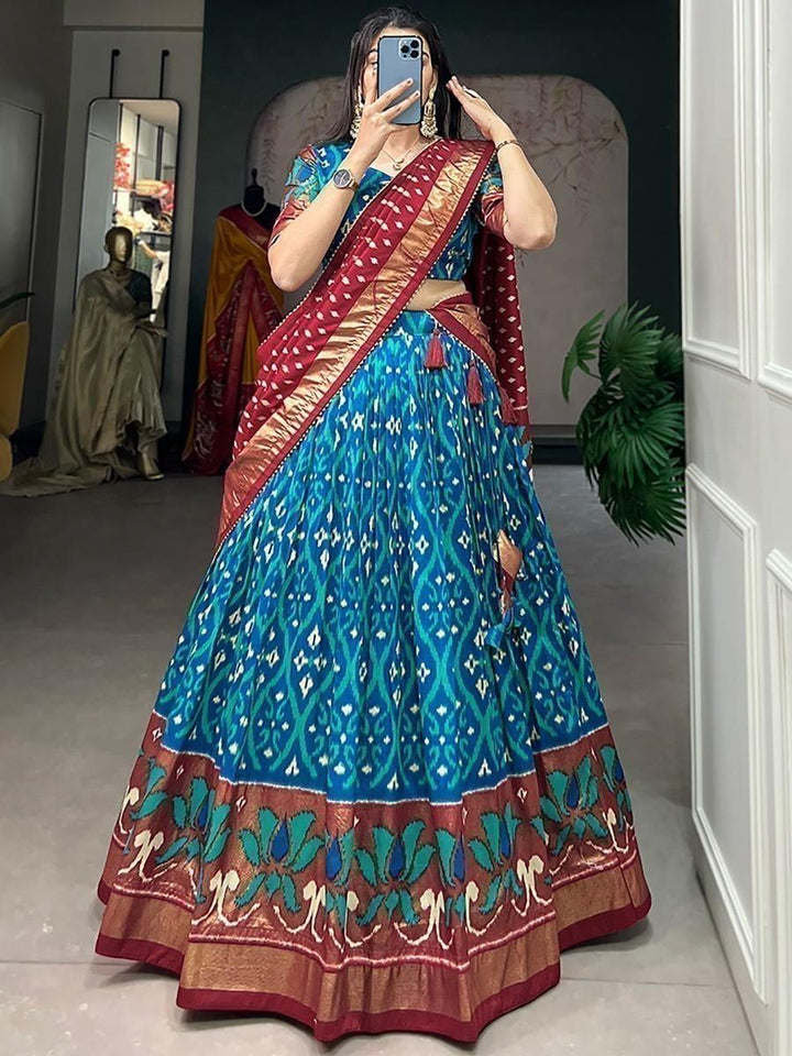 Firozi Blue Silk Lehenga Set | Foil Print & Red Tussar Silk Dupatta