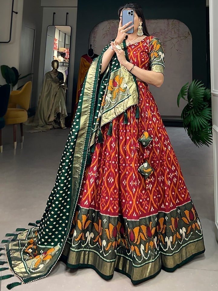 Festive Red Lehenga Choli | Foil Printed Silk with Green Dupatta