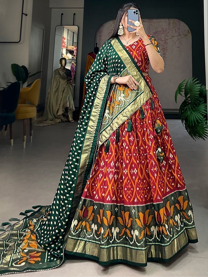 Festive Red Lehenga Choli | Foil Printed Silk with Green Dupatta