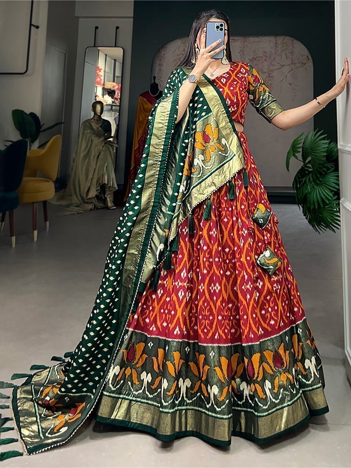 Festive Red Lehenga Choli | Foil Printed Silk with Green Dupatta