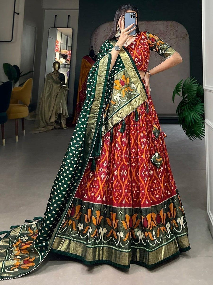 Festive Red Lehenga Choli | Foil Printed Silk with Green Dupatta