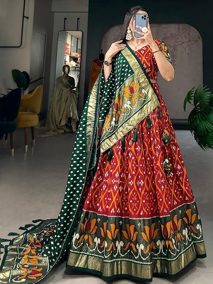 Festive Red Lehenga Choli | Foil Printed Silk with Green Dupatta