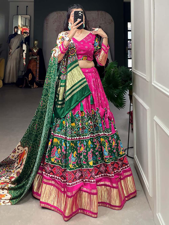 Exquisite Green & Pink Lehenga | Gaji Silk with Digital Print & Tassels