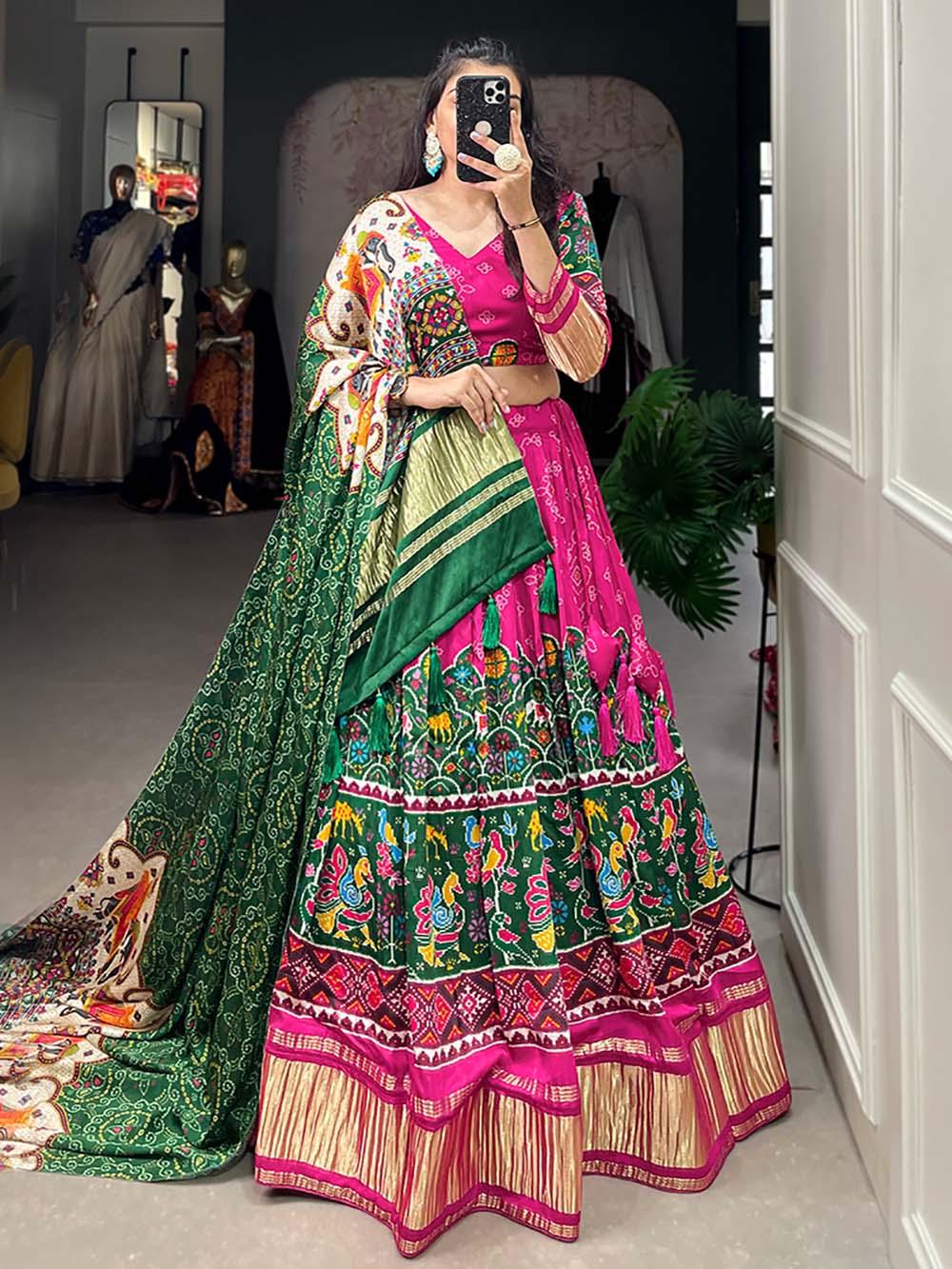 Exquisite Green & Pink Lehenga | Gaji Silk with Digital Print & Tassels