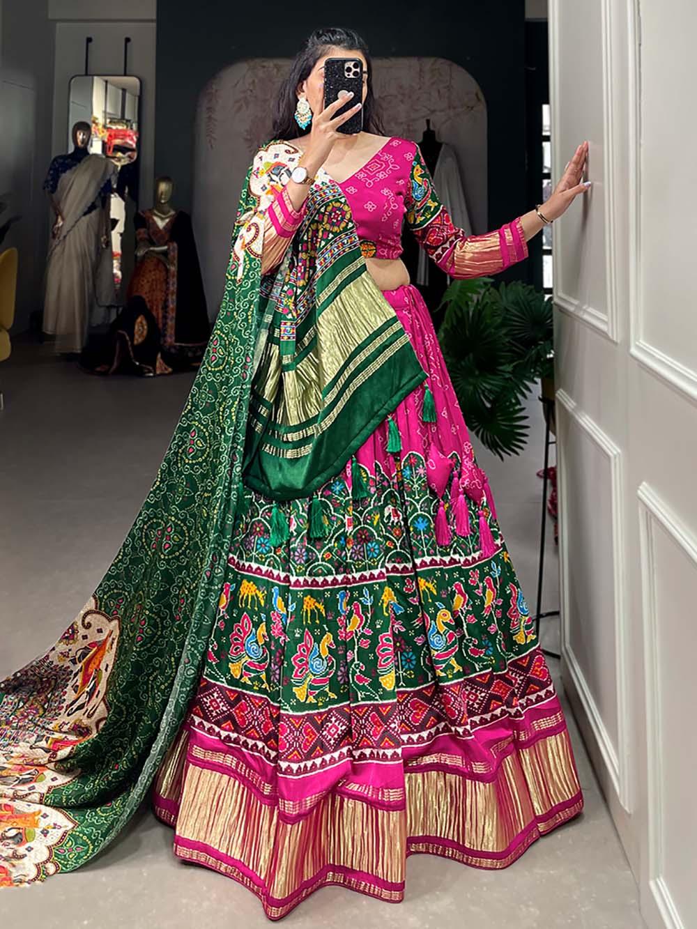 Exquisite Green & Pink Lehenga | Gaji Silk with Digital Print & Tassels