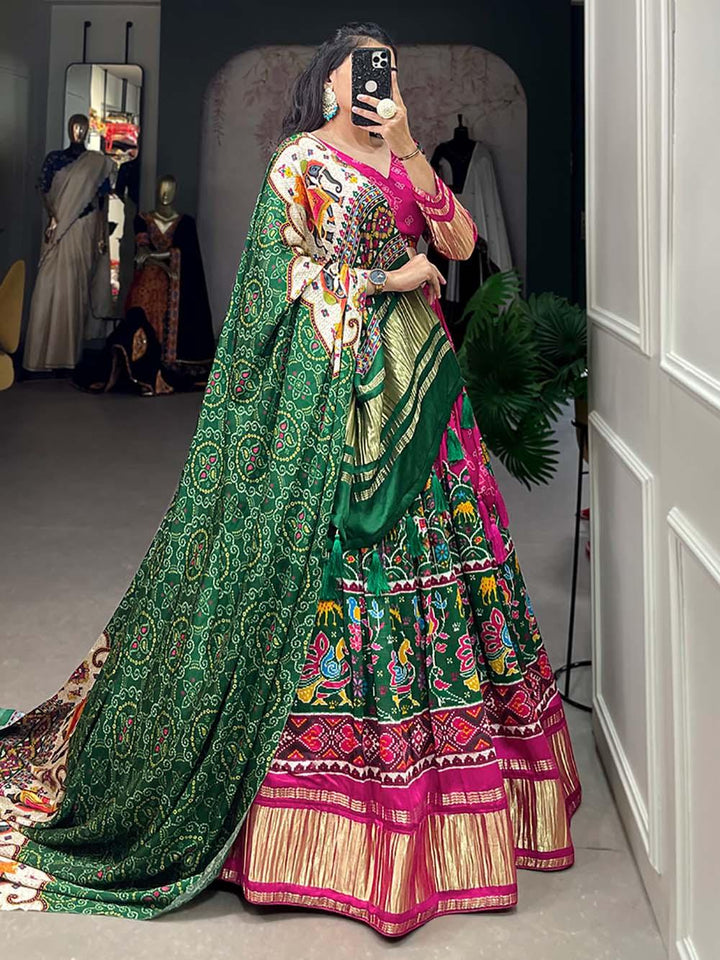 Exquisite Green & Pink Lehenga | Gaji Silk with Digital Print & Tassels