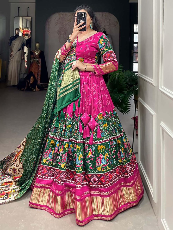 Exquisite Green & Pink Lehenga | Gaji Silk with Digital Print & Tassels