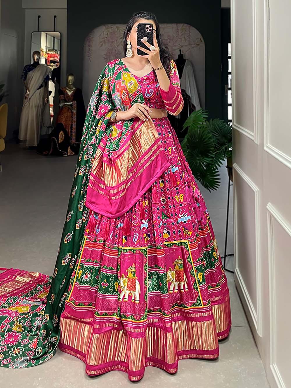 Digital Printed Gaji Silk Lehenga | Pink Traditional Set with Lagadi Patta