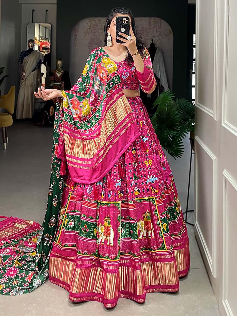 Digital Printed Gaji Silk Lehenga | Pink Traditional Set with Lagadi Patta