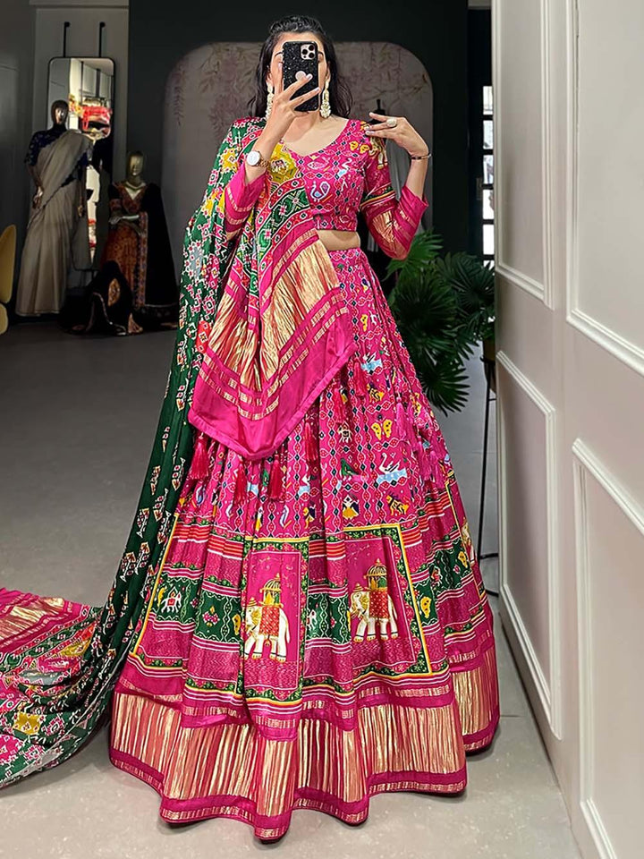 Digital Printed Gaji Silk Lehenga | Pink Traditional Set with Lagadi Patta