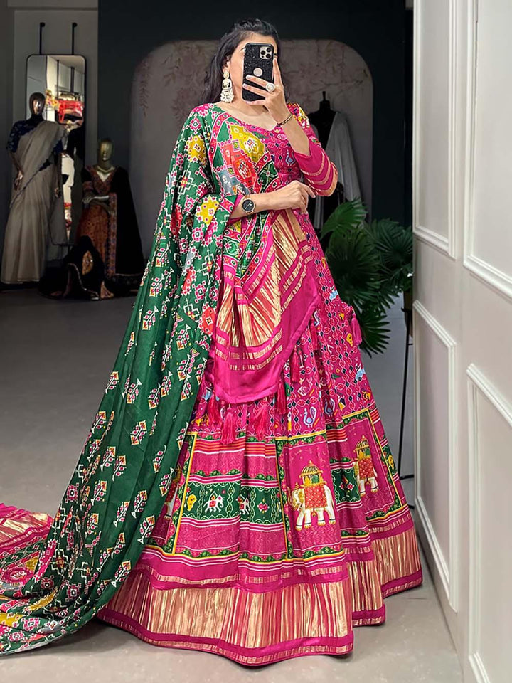 Digital Printed Gaji Silk Lehenga | Pink Traditional Set with Lagadi Patta