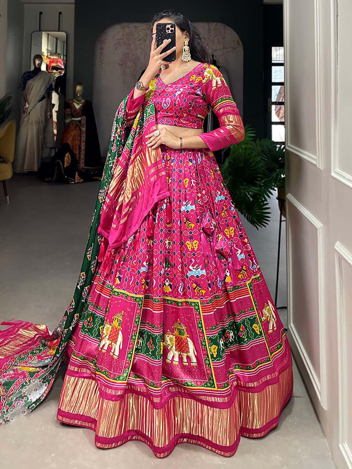 Digital Printed Gaji Silk Lehenga | Pink Traditional Set with Lagadi Patta