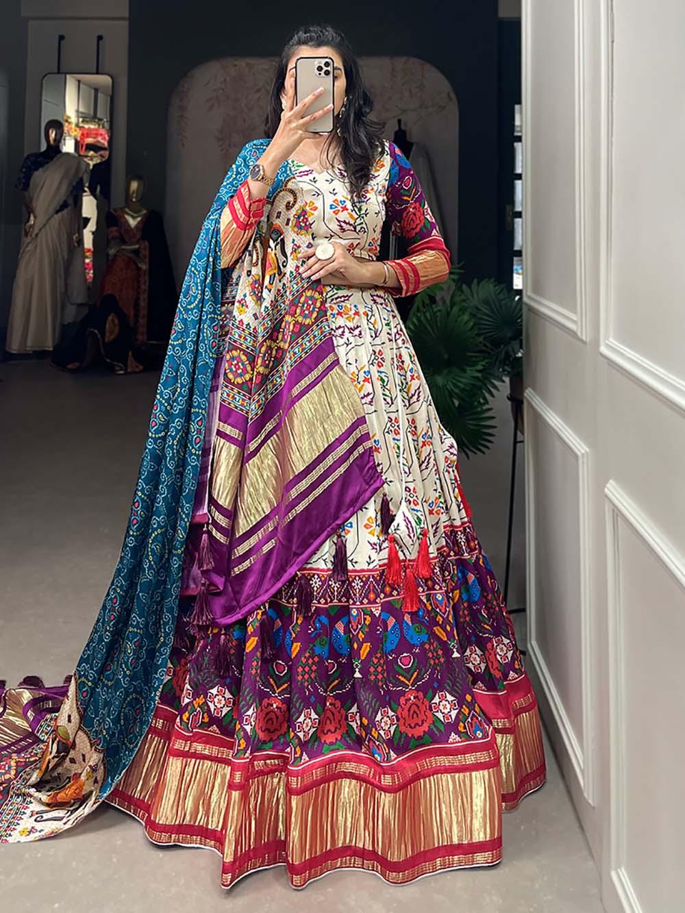 White & Purple Gaji Silk Lehenga | Digital Print & Lagadi Patta Work