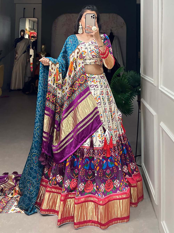 White & Purple Gaji Silk Lehenga | Digital Print & Lagadi Patta Work