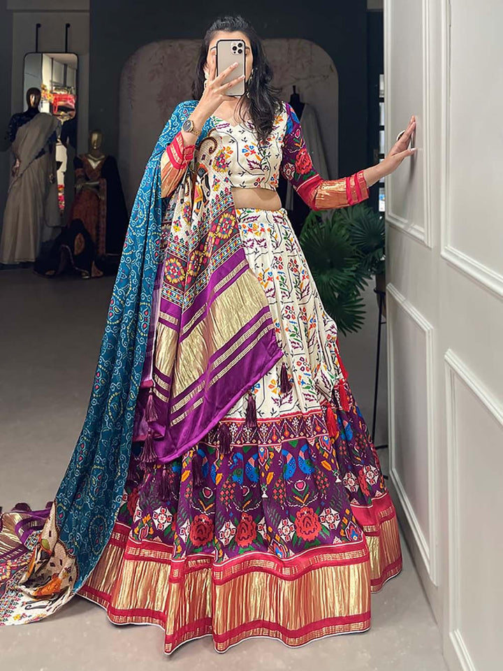 White & Purple Gaji Silk Lehenga | Digital Print & Lagadi Patta Work