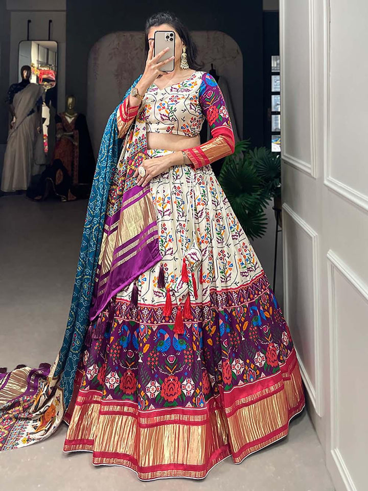 White & Purple Gaji Silk Lehenga | Digital Print & Lagadi Patta Work