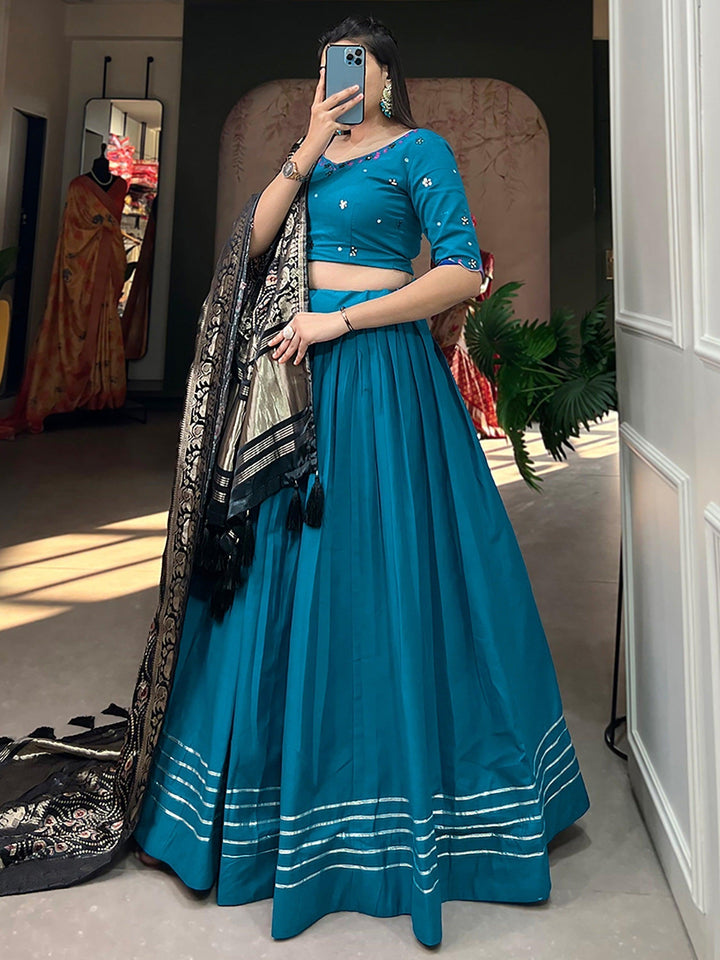 Stylish Blue Cotton Lehenga Choli | Dupatta with Zari Patola Border