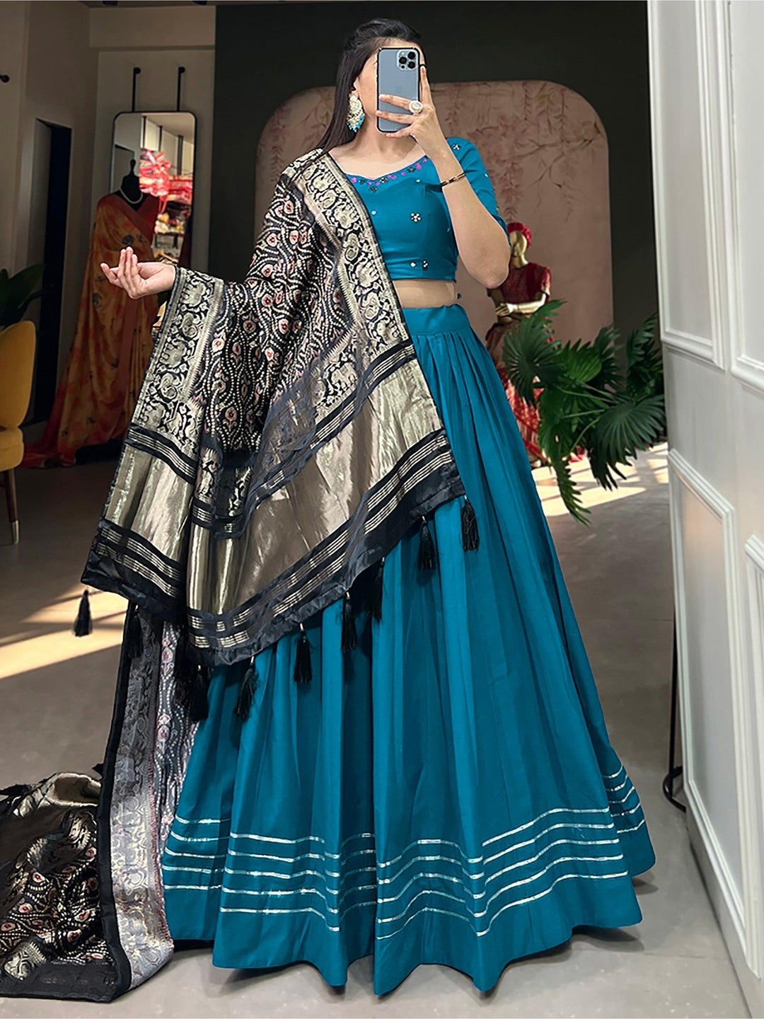 Stylish Blue Cotton Lehenga Choli | Dupatta with Zari Patola Border