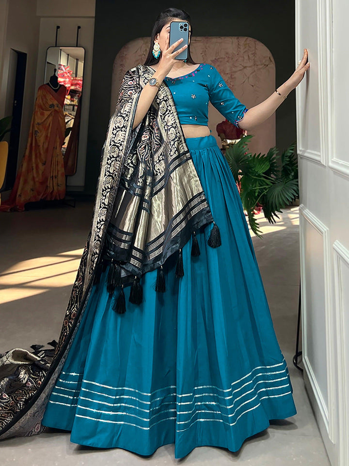 Stylish Blue Cotton Lehenga Choli | Dupatta with Zari Patola Border