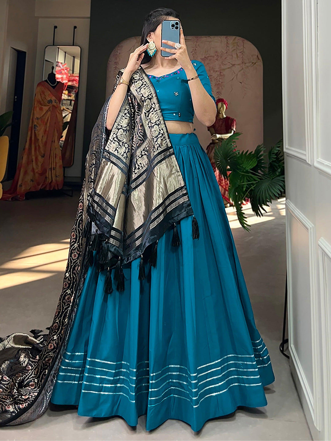 Stylish Blue Cotton Lehenga Choli | Dupatta with Zari Patola Border