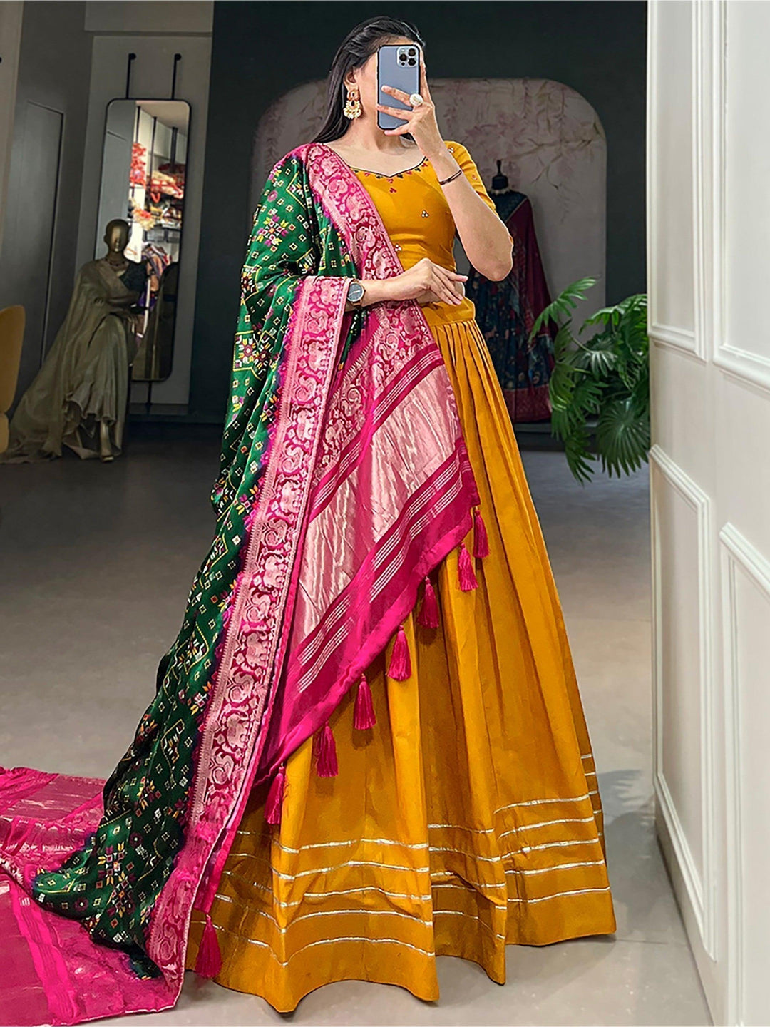 Mustard Yellow Cotton Lehenga | Traditional Choli & Zari Patola Dupatta