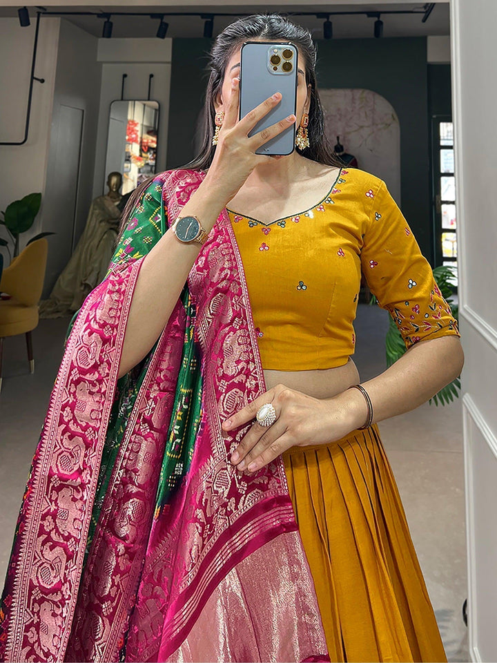 Mustard Yellow Cotton Lehenga | Traditional Choli & Zari Patola Dupatta