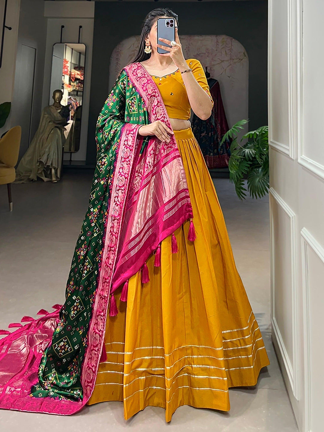 Mustard Yellow Cotton Lehenga | Traditional Choli & Zari Patola Dupatta