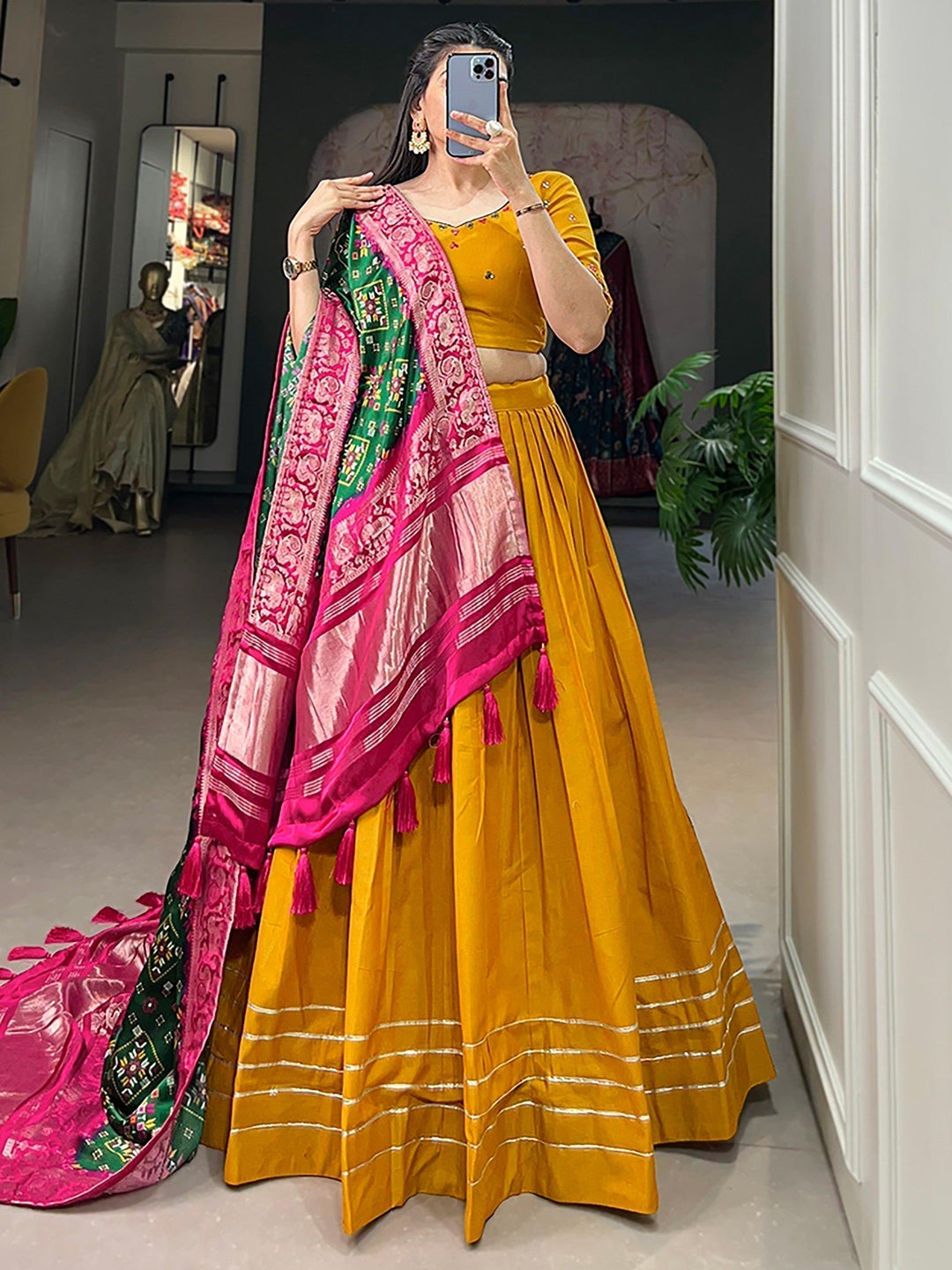 Mustard Yellow Cotton Lehenga | Traditional Choli & Zari Patola Dupatta