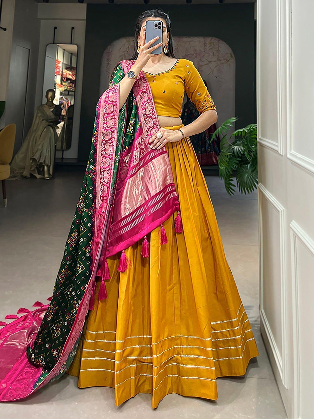 Mustard Yellow Cotton Lehenga | Traditional Choli & Zari Patola Dupatta