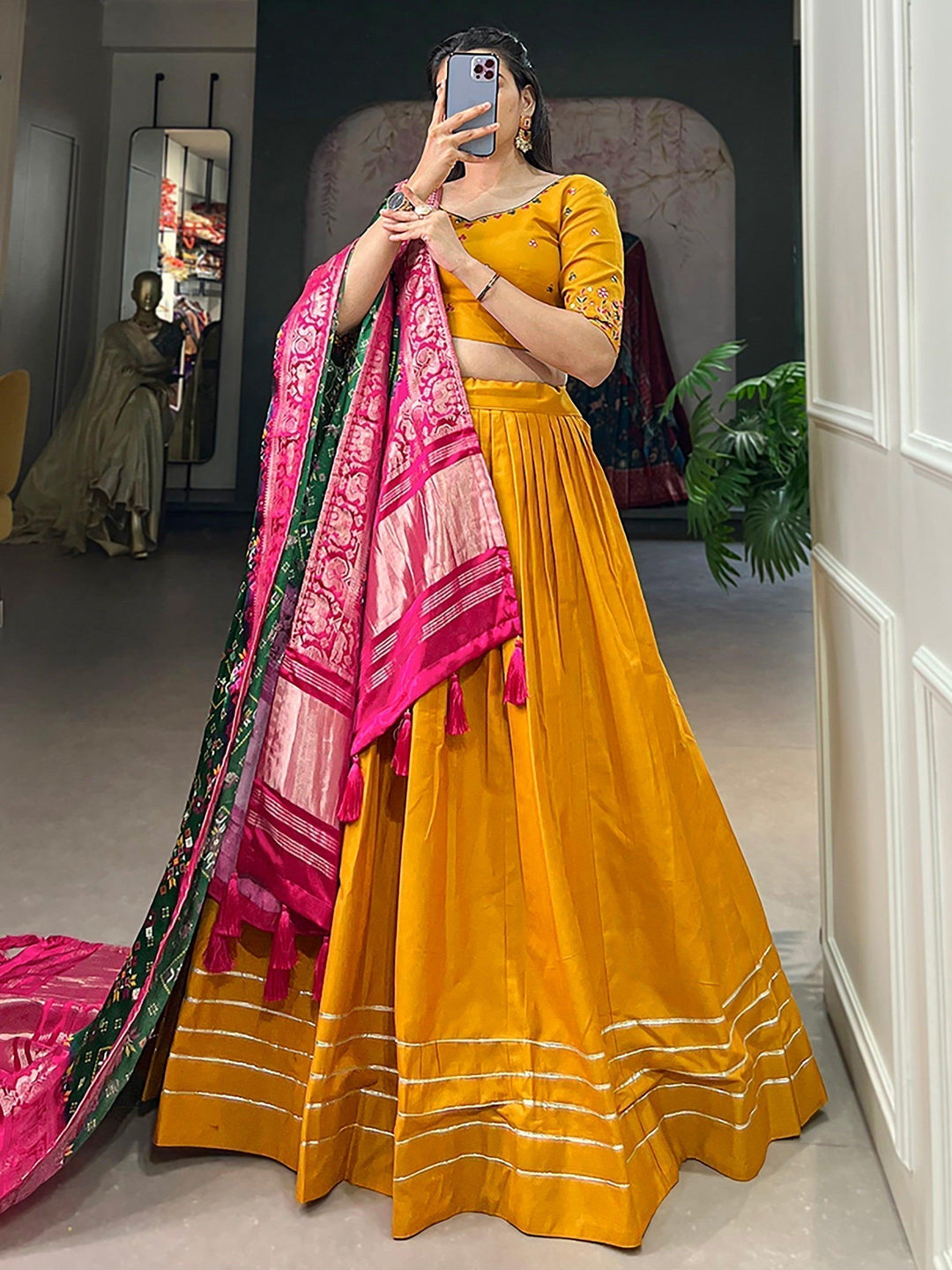 Mustard Yellow Cotton Lehenga | Traditional Choli & Zari Patola Dupatta