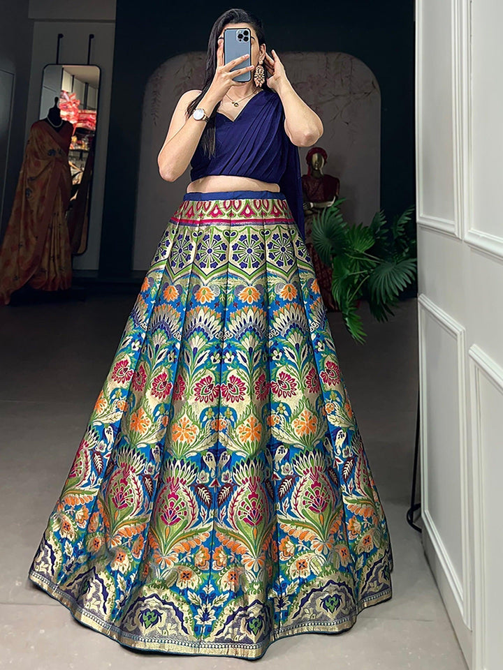 Zari Work Blue Lehenga | Silk Fabric with Georgette Crop Top & Dupatta