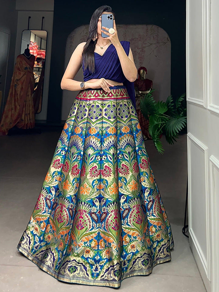 Zari Work Blue Lehenga | Silk Fabric with Georgette Crop Top & Dupatta