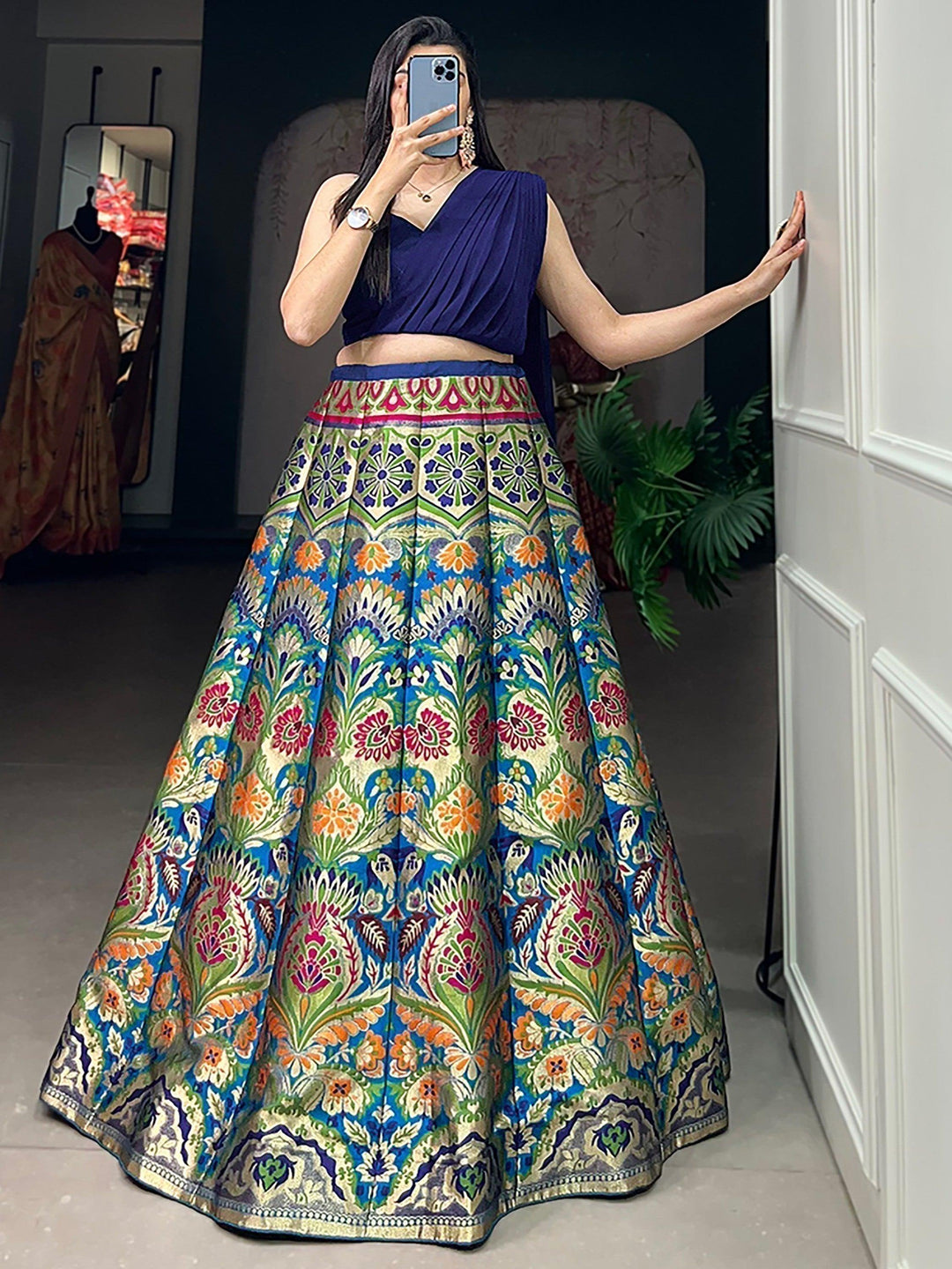 Zari Work Blue Lehenga | Silk Fabric with Georgette Crop Top & Dupatta