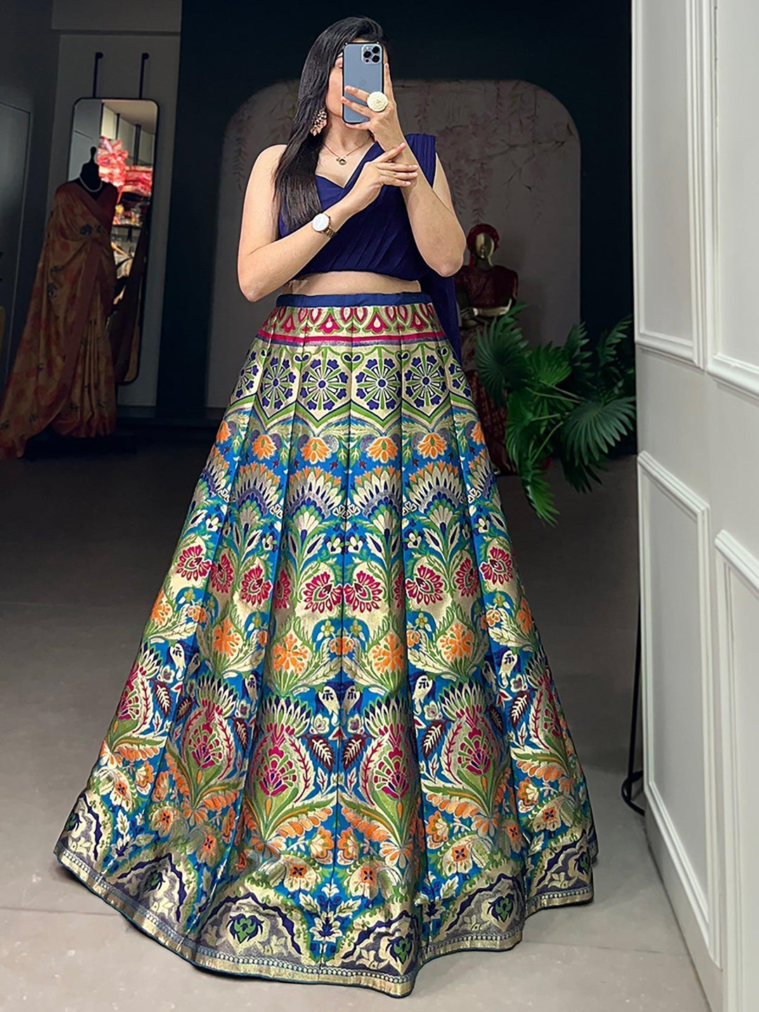 Zari Work Blue Lehenga | Silk Fabric with Georgette Crop Top & Dupatta