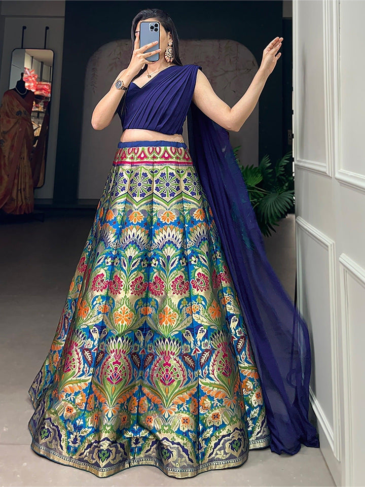 Zari Work Blue Lehenga | Silk Fabric with Georgette Crop Top & Dupatta