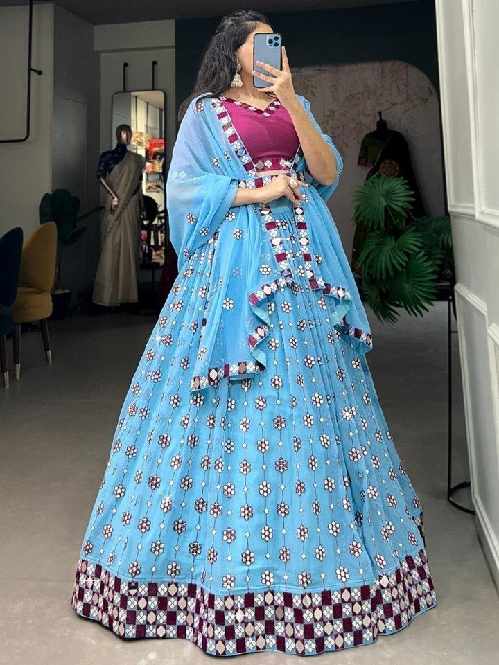 Exquisite Sky-Blue Lehenga Set | Mirror Work, Sequin & Embroidery Design