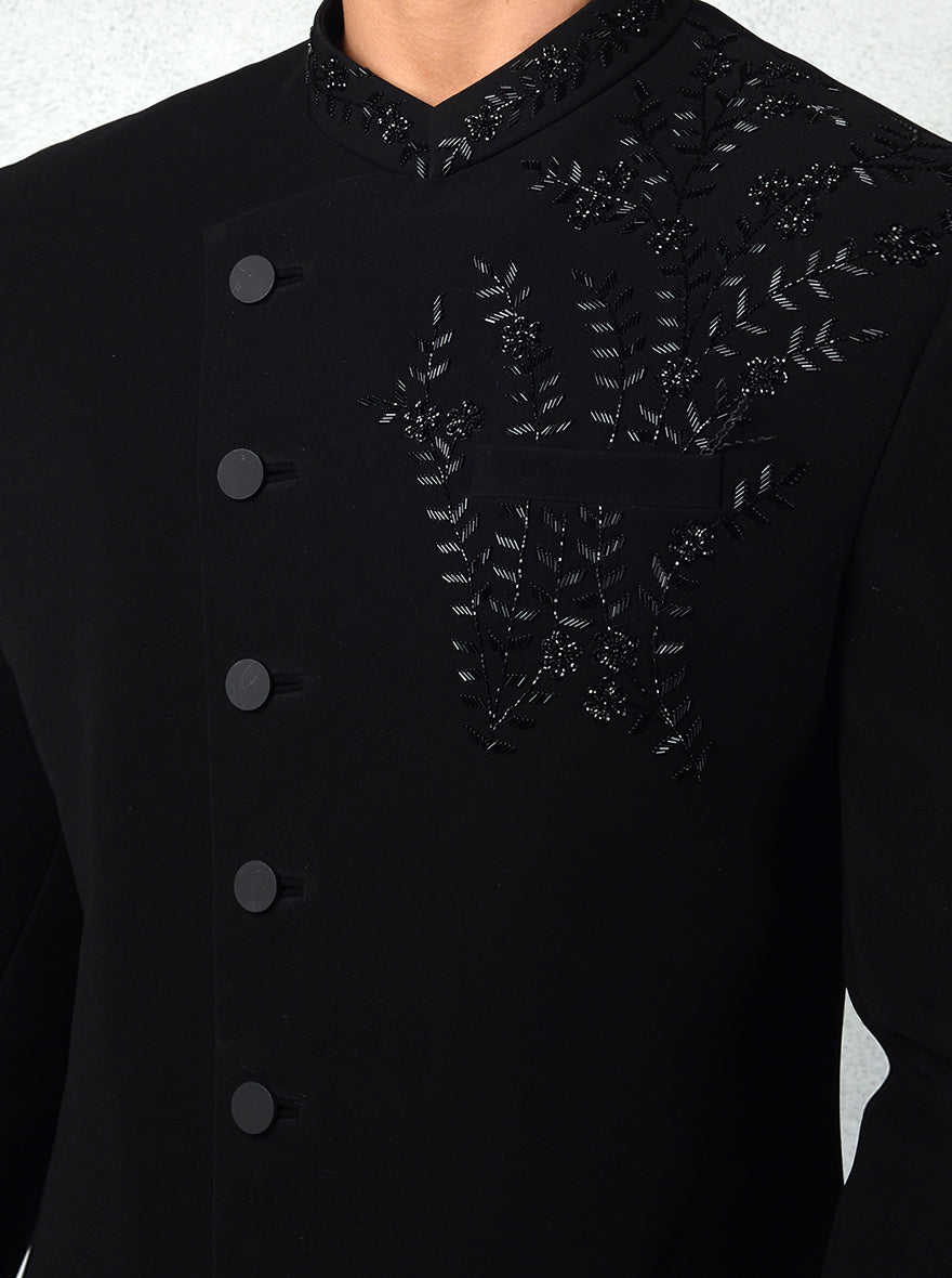 Stylish black Indo-Western kurta with unique embroidery, ideal ethnic wear for modern men.