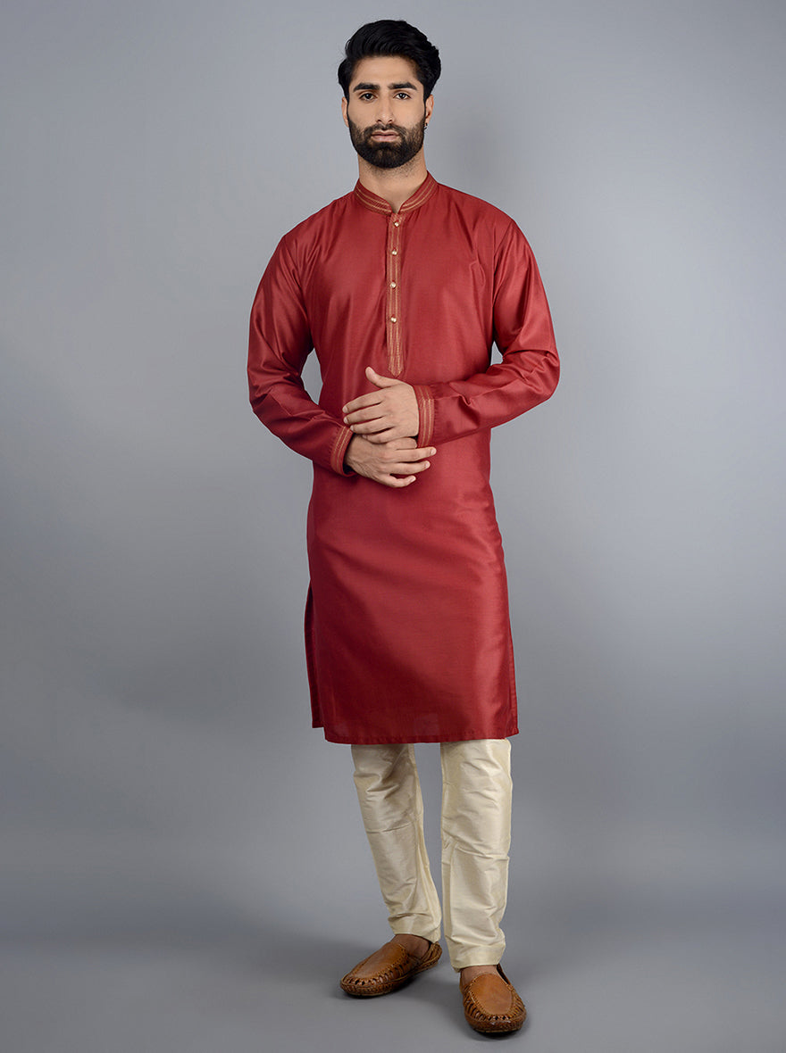 Stunning maroon silk blend kurta set for stylish men celebrating in the USA.