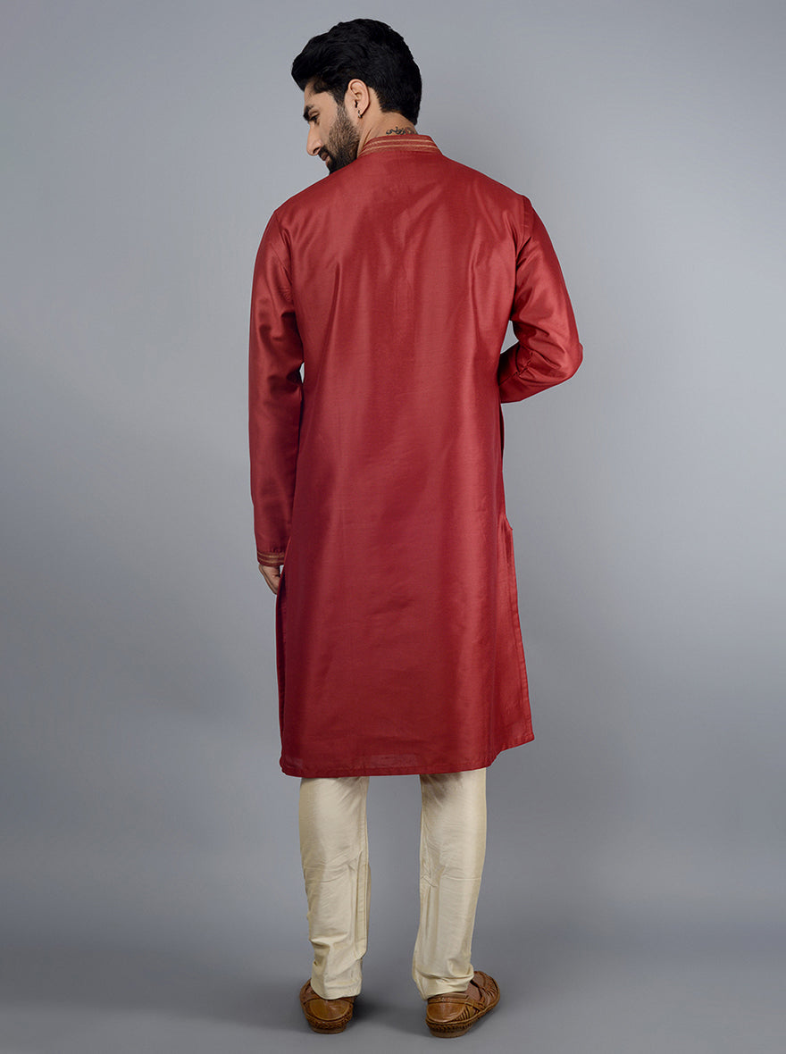 Sophisticated maroon silk kurta set designed for celebrations in the USA.