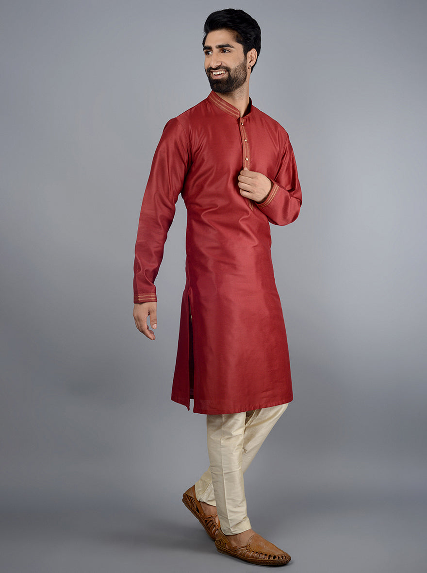 Maroon silk blend kurta set with exquisite embroidery, perfect for elegant events.