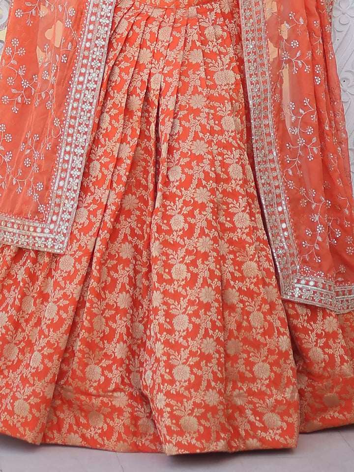 Orange Jacquard Sangeet Lehenga | Embroidered & Sequined Lehenga Choli