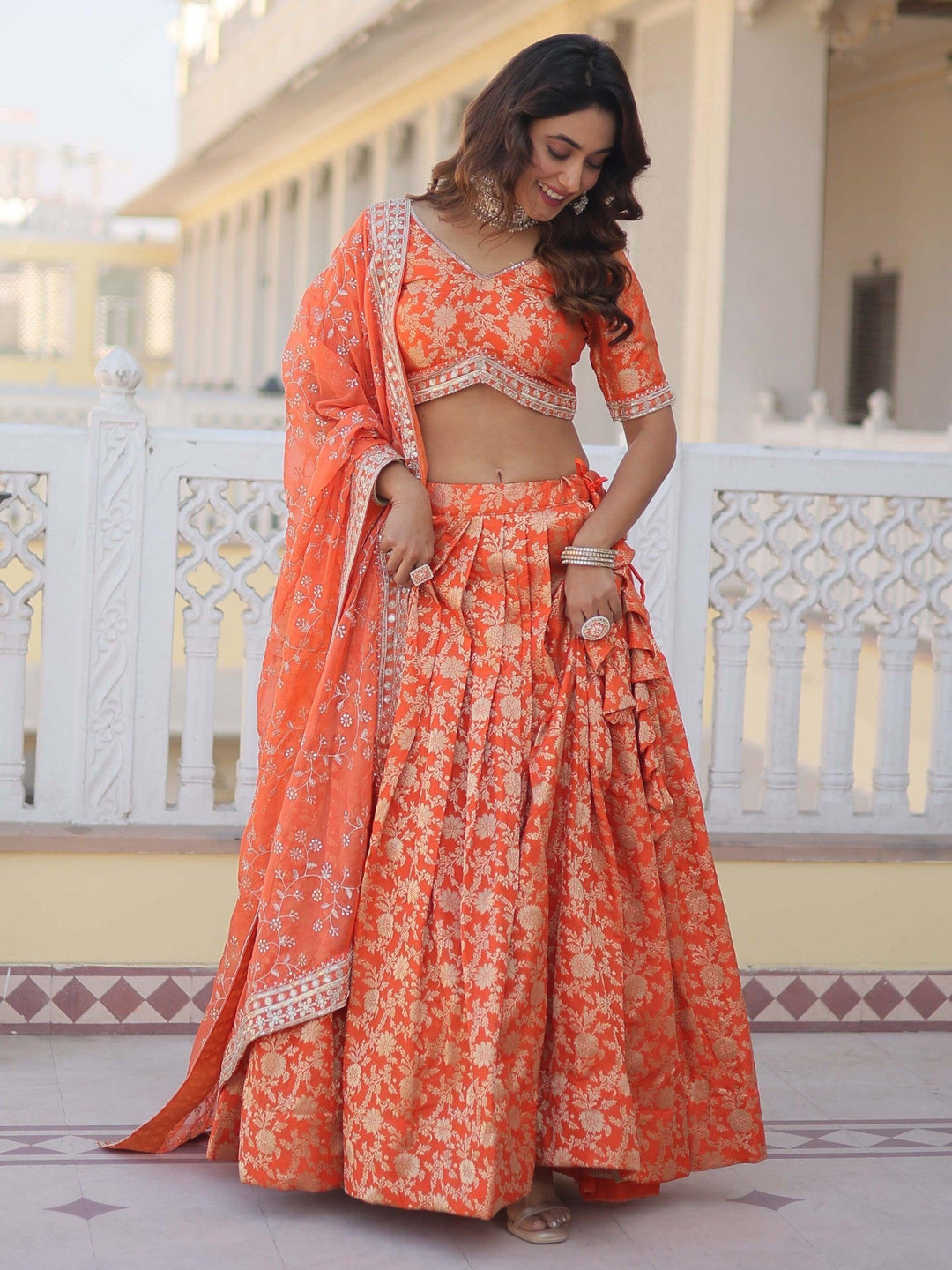 Orange Jacquard Sangeet Lehenga | Embroidered & Sequined Lehenga Choli