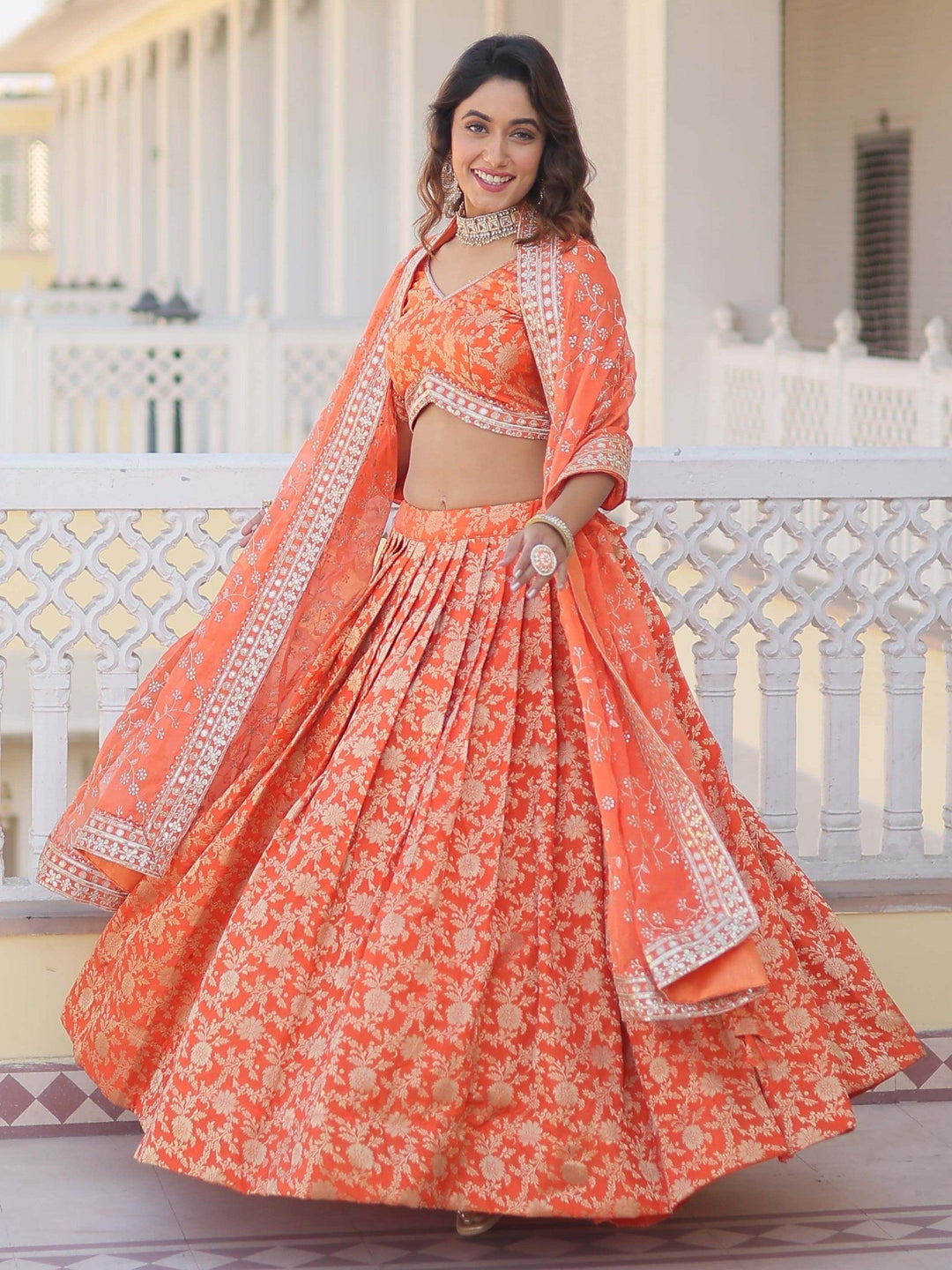 Orange Jacquard Sangeet Lehenga | Embroidered & Sequined Lehenga Choli