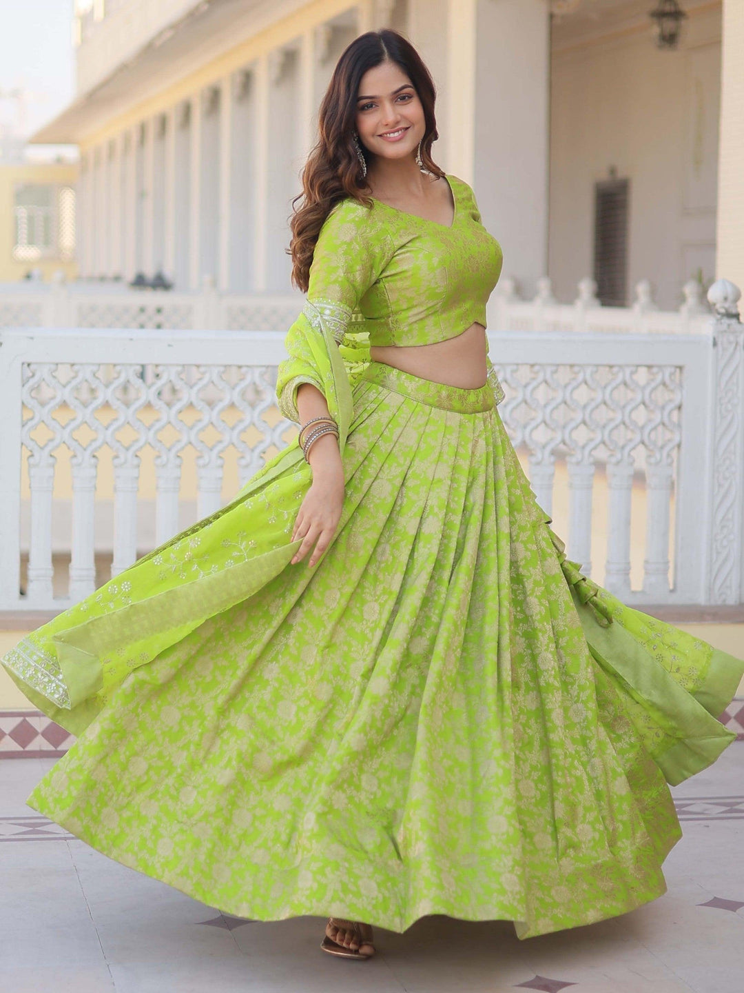 Green Jacquard Lehenga | Embroidered Choli and Sequined Dupatta