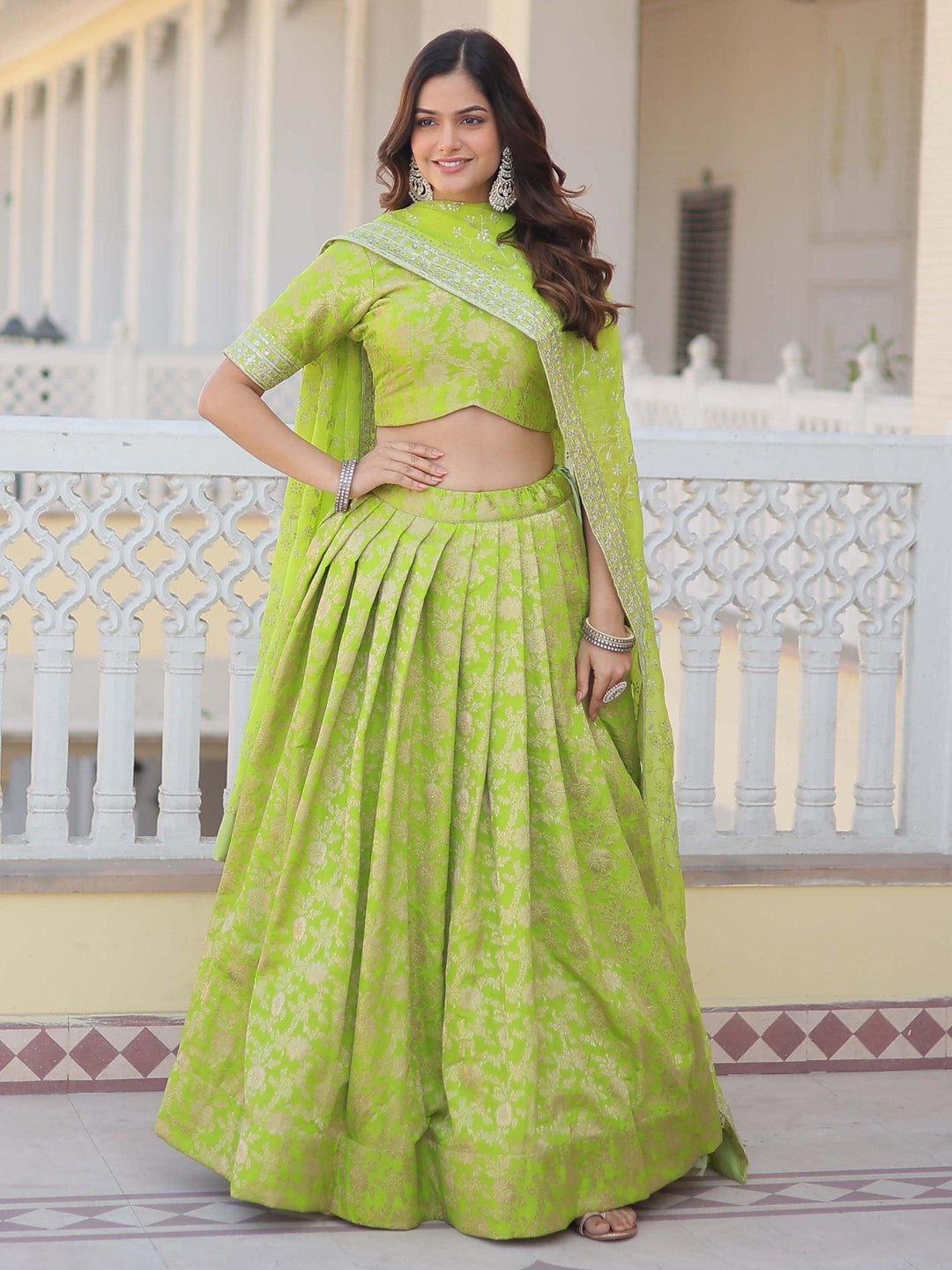 Green Jacquard Lehenga | Embroidered Choli and Sequined Dupatta