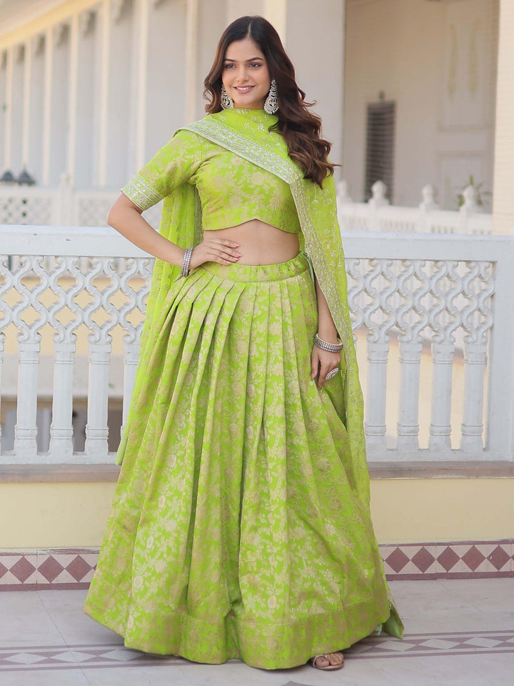 Green Jacquard Lehenga | Embroidered Choli and Sequined Dupatta